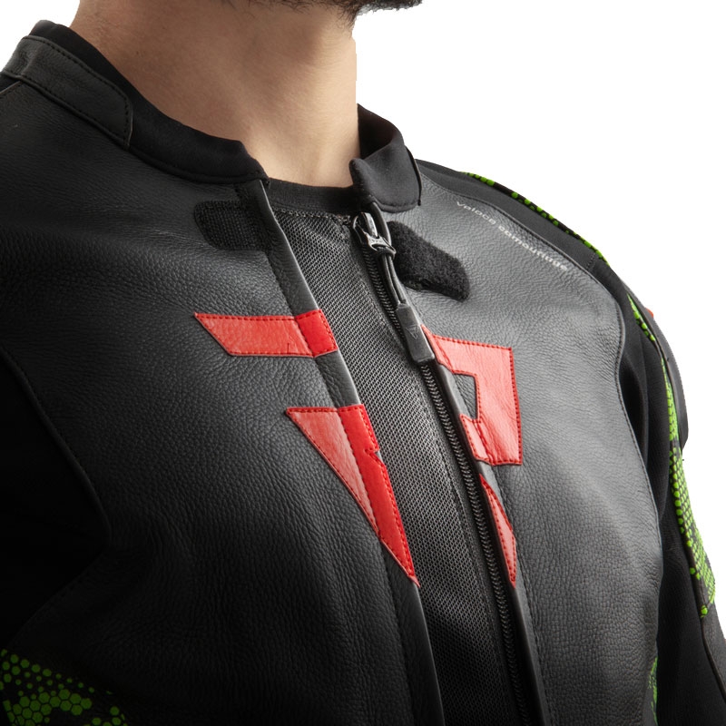 Geacă din piele pentru motocicletă Rebelhorn Veloce negru-verde camo-roșu fluo