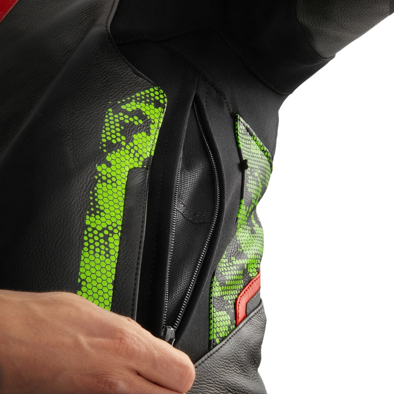 Geacă din piele pentru motocicletă Rebelhorn Veloce negru-verde camo-roșu fluo