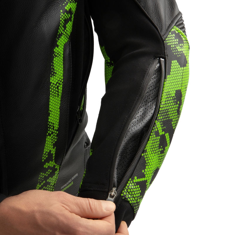 Geacă din piele pentru motocicletă Rebelhorn Veloce negru-verde camo-roșu fluo
