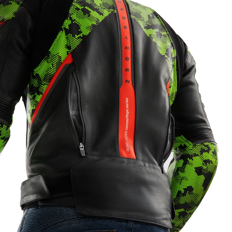 Geacă din piele pentru motocicletă Rebelhorn Veloce negru-verde camo-roșu fluo