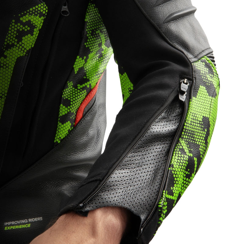 Geacă din piele pentru motocicletă Rebelhorn Veloce negru-verde camo-roșu fluo