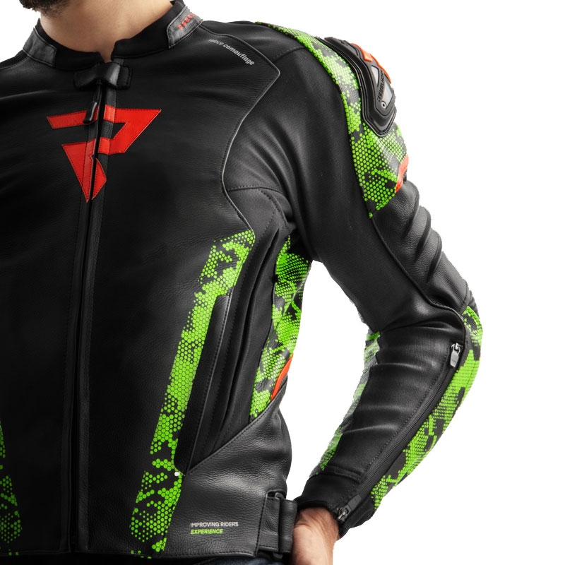 Geacă din piele pentru motocicletă Rebelhorn Veloce negru-verde camo-roșu fluo