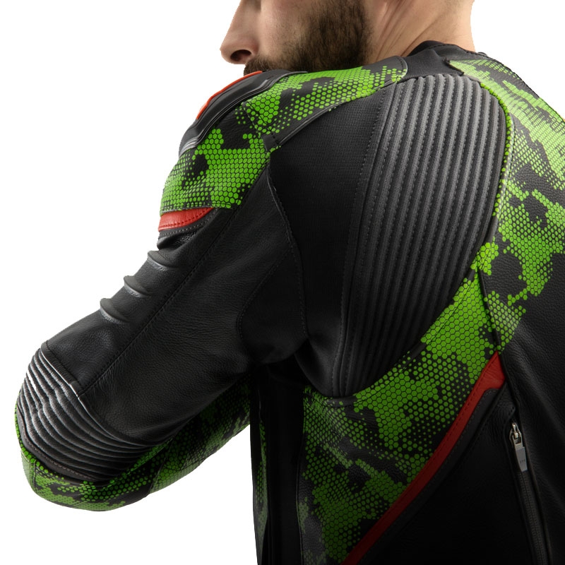 Geacă din piele pentru motocicletă Rebelhorn Veloce negru-verde camo-roșu fluo