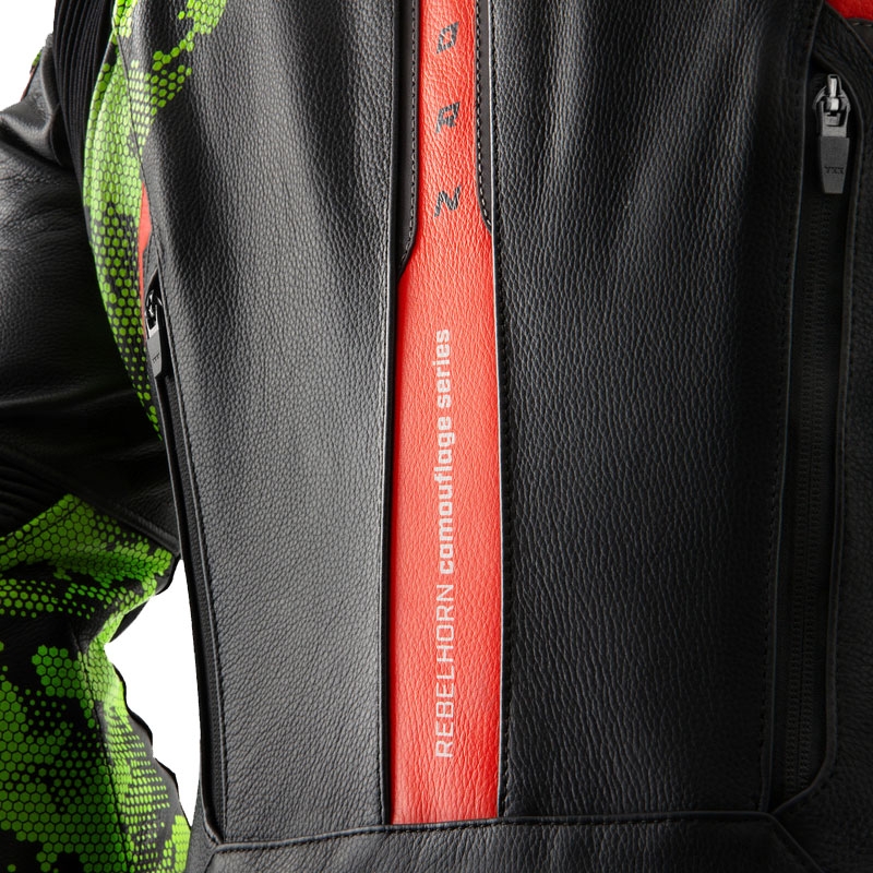 Geacă din piele pentru motocicletă Rebelhorn Veloce negru-verde camo-roșu fluo