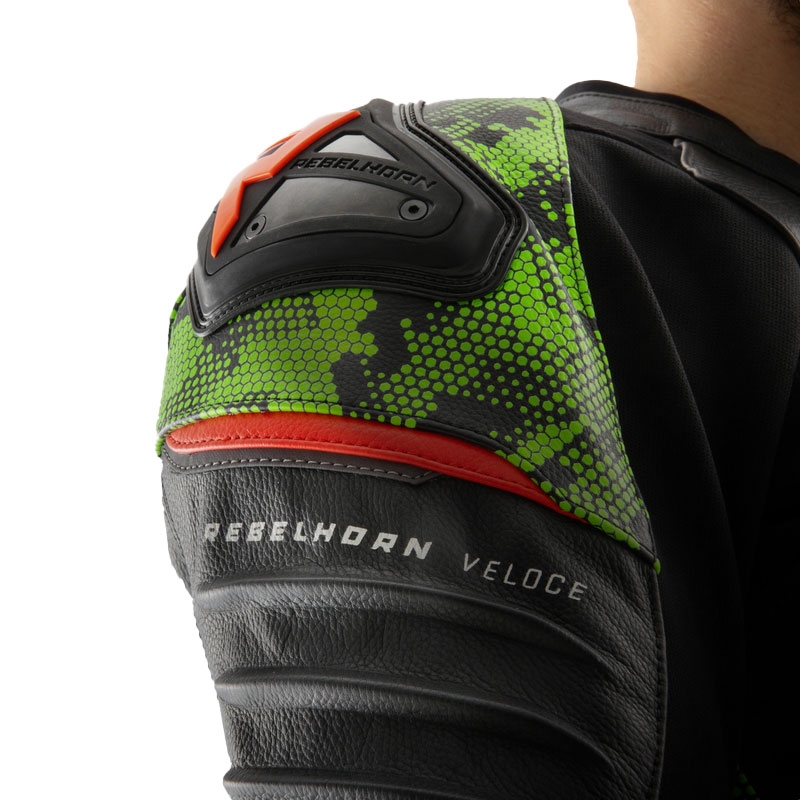 Geacă din piele pentru motocicletă Rebelhorn Veloce negru-verde camo-roșu fluo