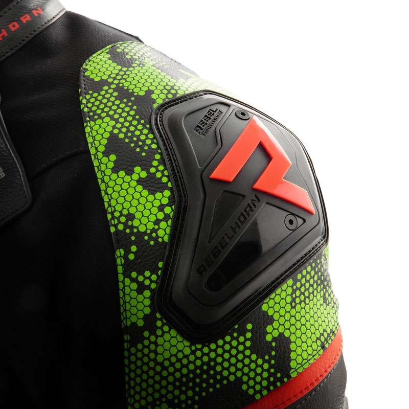 Geacă din piele pentru motocicletă Rebelhorn Veloce negru-verde camo-roșu fluo