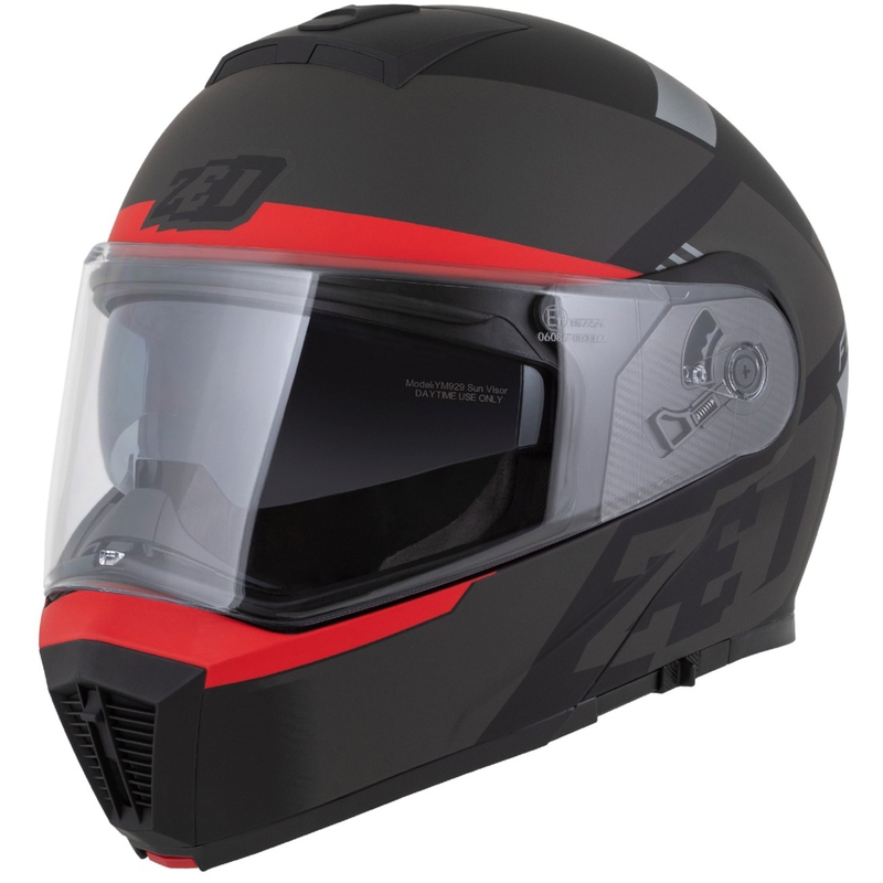 Casca de motocicleta rabatabila ZED F19 negru mat-rosu fluor-gri