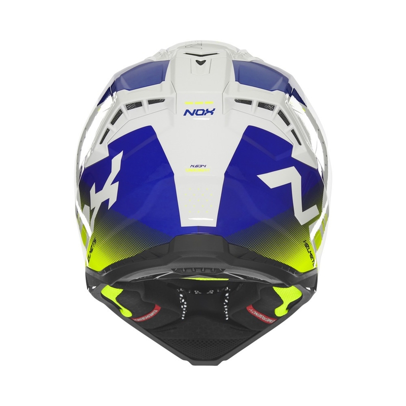 Casca motocross NOX N634 alb-albastru-galben fluo