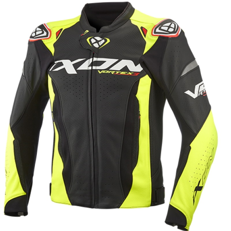 Geacă moto din piele IXON Vortex 3 negru-galben fluo