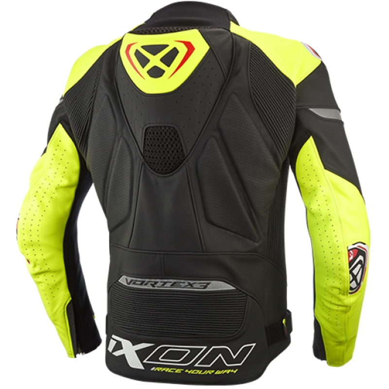 Geacă moto din piele IXON Vortex 3 negru-galben fluo