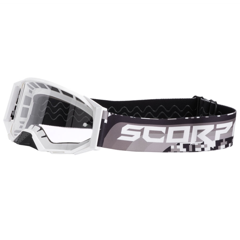 Ochelari de protecție Scorpion E24 de motocross alb-negru cu plexiglas transparent