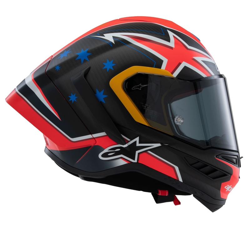 Cască de motocicletă integrală Alpinestars Supertech R10 Ediție limitată Jack Miller Carbon Mat Roșu-Albastru-Galben-Alb