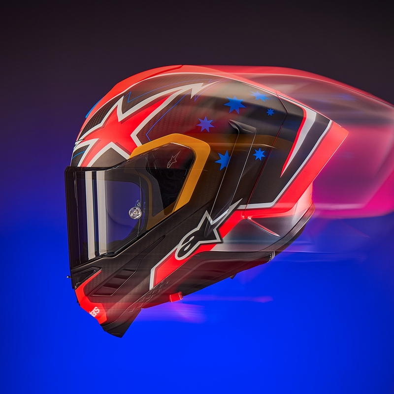 Cască de motocicletă integrală Alpinestars Supertech R10 Ediție limitată Jack Miller Carbon Mat Roșu-Albastru-Galben-Alb