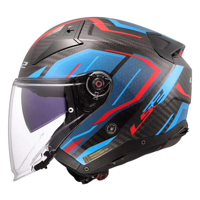 Casca de motociclete deschisa LS2 OF603 Infinity II C Urus albastru-rosu