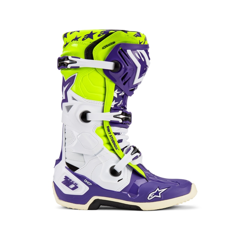 Ghete moto Alpinestars TECH 10 editie limitata Dirt Studios mov-alb-galben fluo