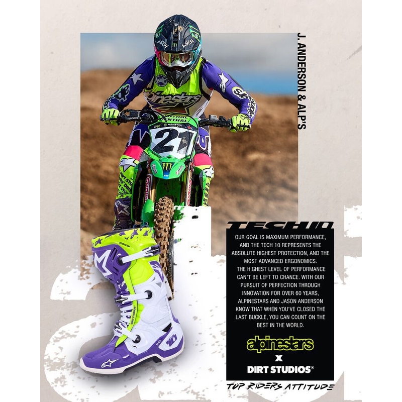Ghete moto Alpinestars TECH 10 editie limitata Dirt Studios mov-alb-galben fluo