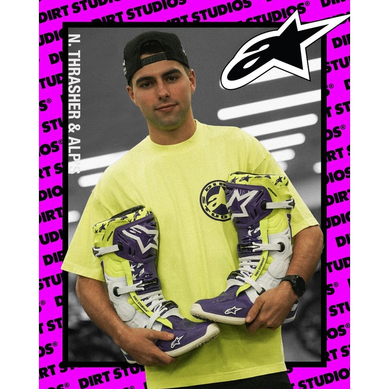 Ghete moto Alpinestars TECH 10 editie limitata Dirt Studios mov-alb-galben fluo