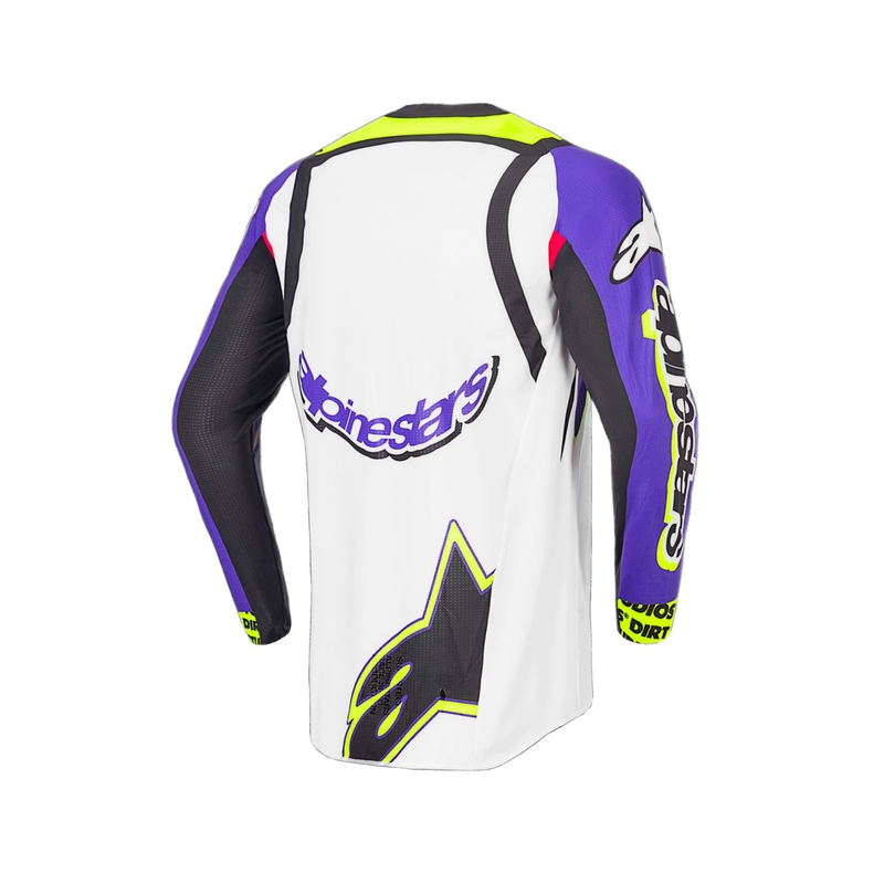 Tricou motocross Alpinestars Supertech SX ediție limitată Dirt Studios alb-violet-roz-galben fluo