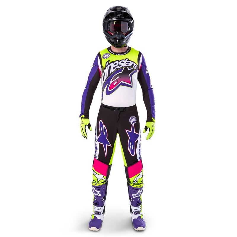 Tricou motocross Alpinestars Supertech SX ediție limitată Dirt Studios alb-violet-roz-galben fluo