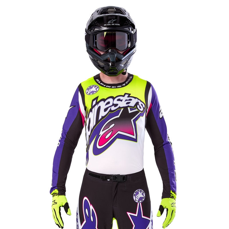 Tricou motocross Alpinestars Supertech SX ediție limitată Dirt Studios alb-violet-roz-galben fluo