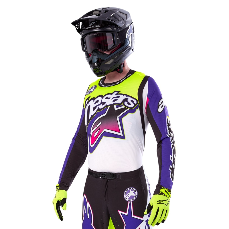 Tricou motocross Alpinestars Supertech SX ediție limitată Dirt Studios alb-violet-roz-galben fluo