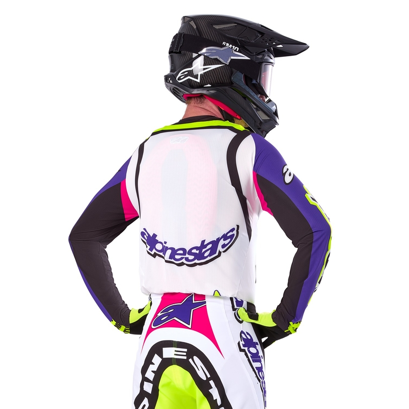 Tricou motocross Alpinestars Supertech SX ediție limitată Dirt Studios alb-violet-roz-galben fluo