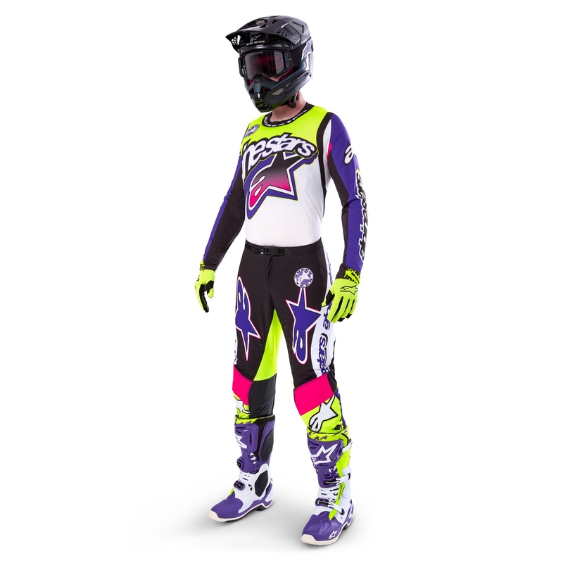 Pantaloni motocross Alpinestars Supertech ediție limitată Dirt Studios alb-violet-roz-galben fluo