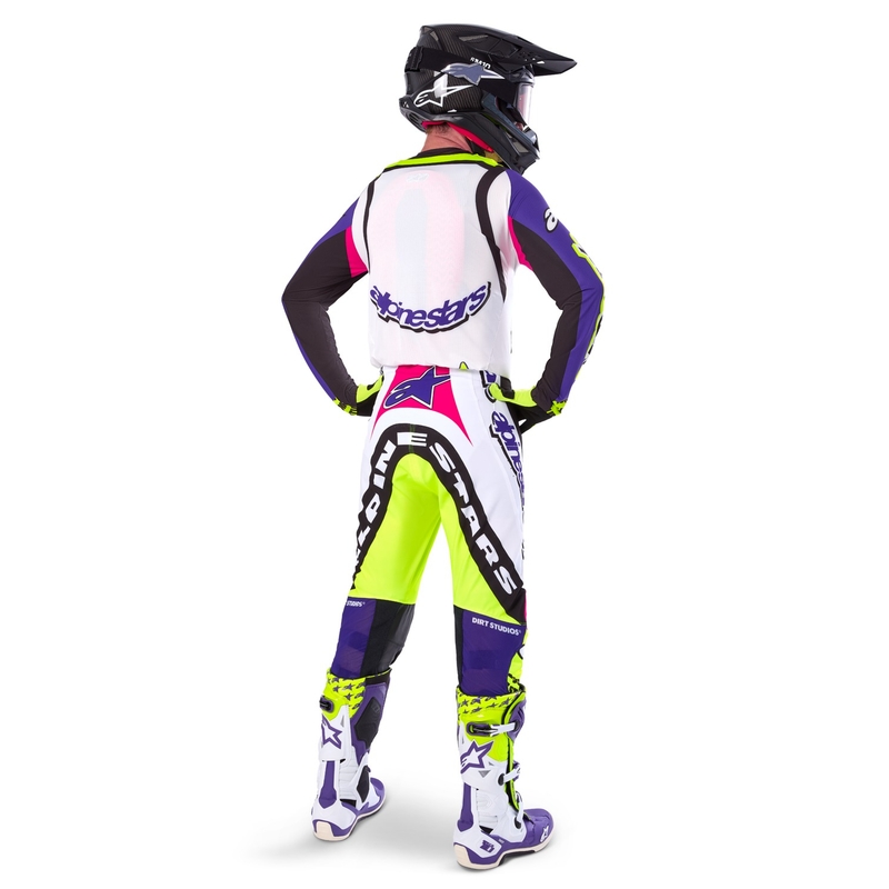 Pantaloni motocross Alpinestars Supertech ediție limitată Dirt Studios alb-violet-roz-galben fluo