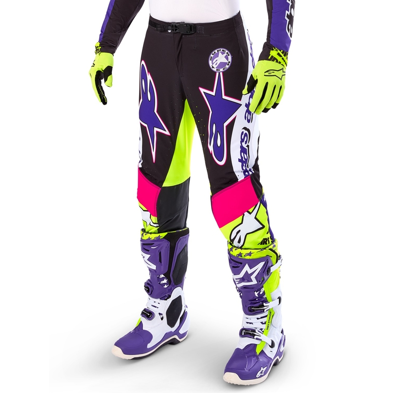 Pantaloni motocross Alpinestars Supertech ediție limitată Dirt Studios alb-violet-roz-galben fluo