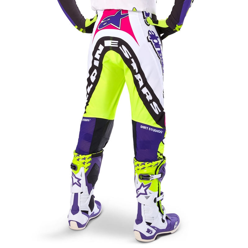 Pantaloni motocross Alpinestars Supertech ediție limitată Dirt Studios alb-violet-roz-galben fluo