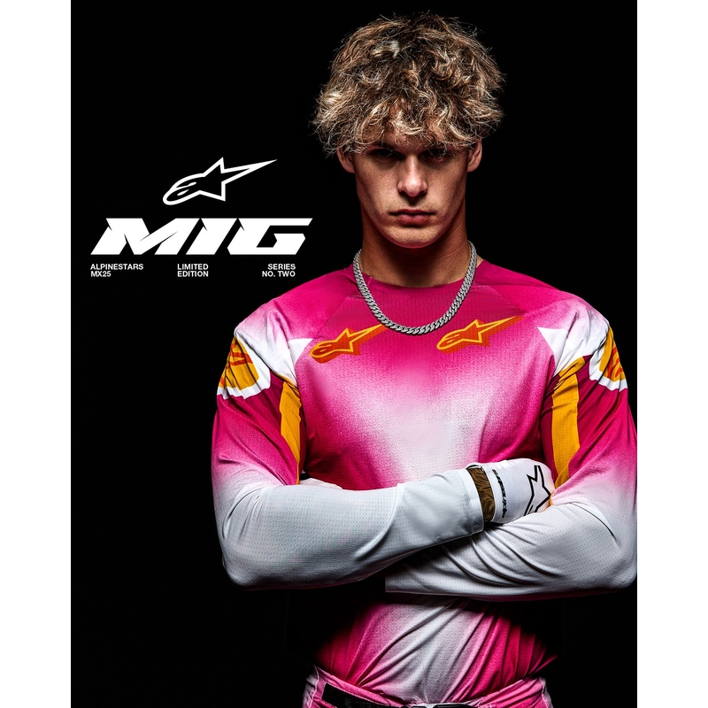 Tricou Alpinestars Supertech SX AFD Motocross Ediție Limitată MIG Roz Fluo-Alb-Portocaliu