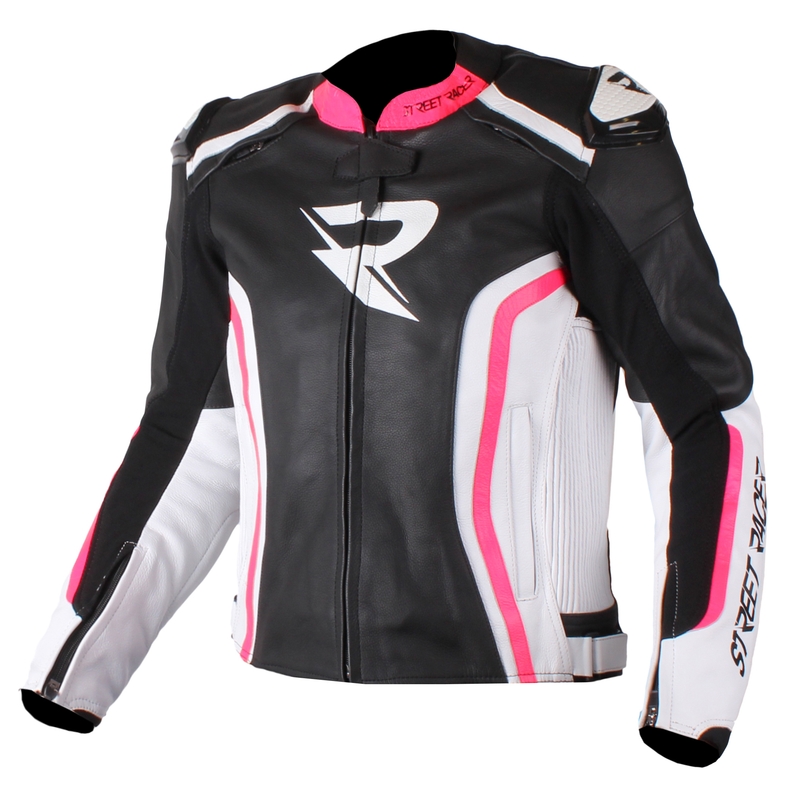 Geacă moto pentru femei Street Racer Adrianne negru-alb-roz fluorescent lichidare