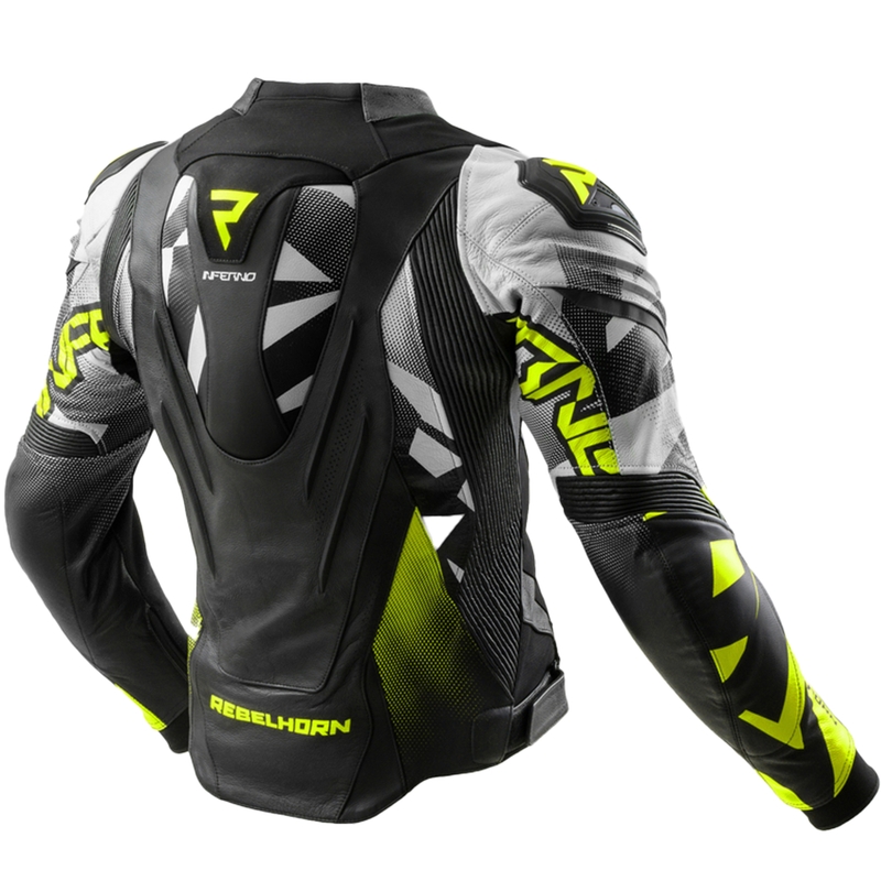 Geacă moto din piele Rebelhorn Inferno negru-galben fluo