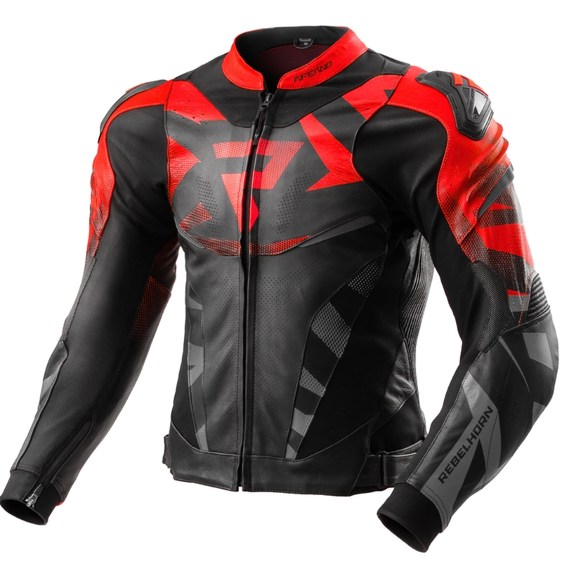 Geacă de motocicletă din piele Rebelhorn Inferno negru-roșu fluo