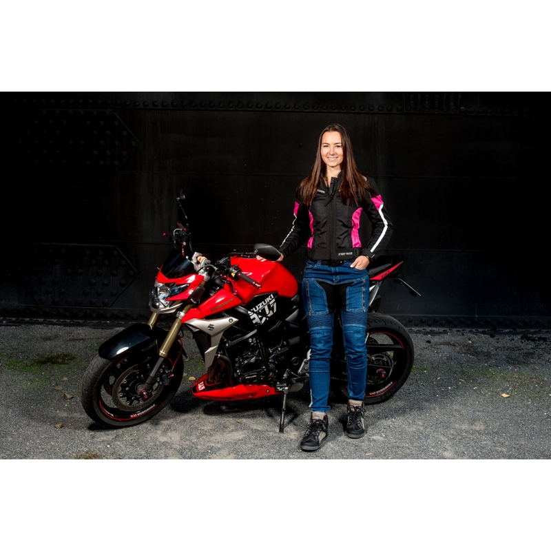 Geacă moto pentru femei Street Racer Betty negru-alb-roz lichidare