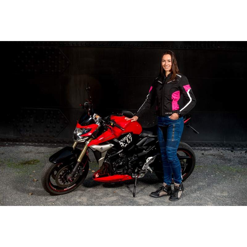 Geacă moto pentru femei Street Racer Betty negru-alb-roz lichidare