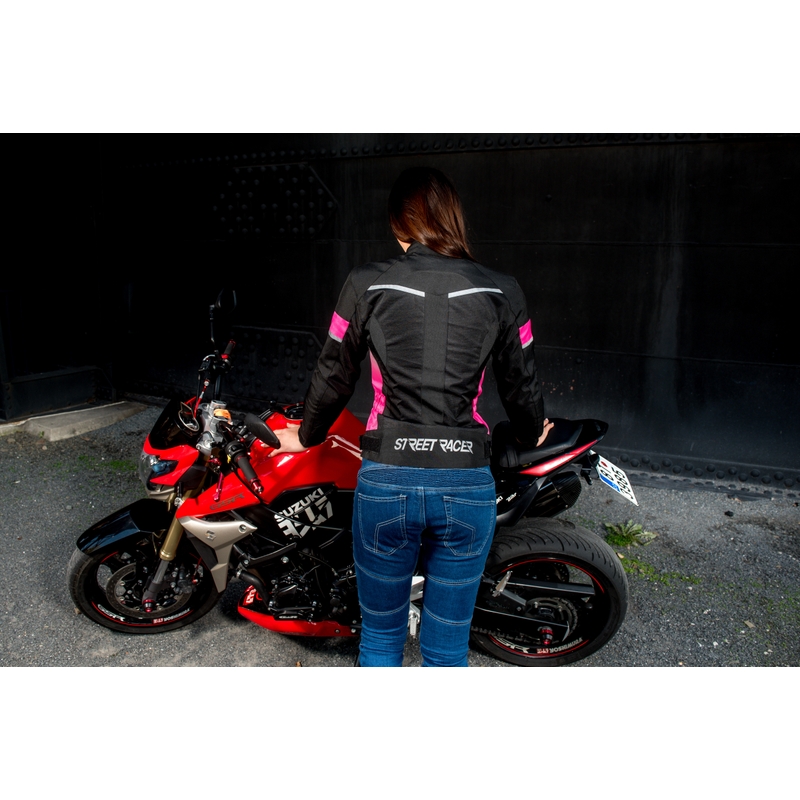 Geacă moto pentru femei Street Racer Betty negru-alb-roz lichidare