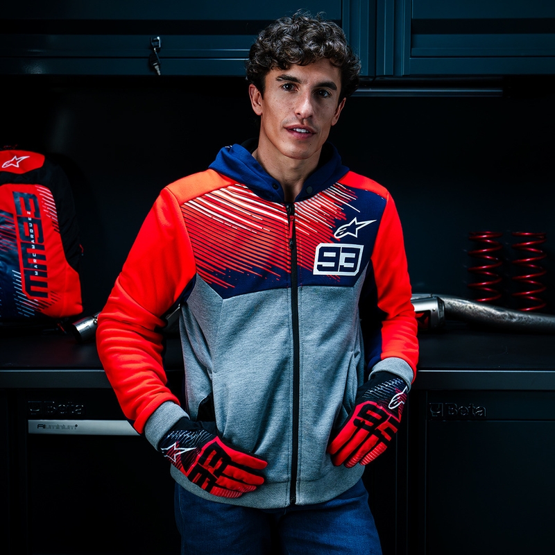 Alpinestars Chrome V2 Sport Hoodie colecția MM93 gri deschis-albastru-rosu fluo
