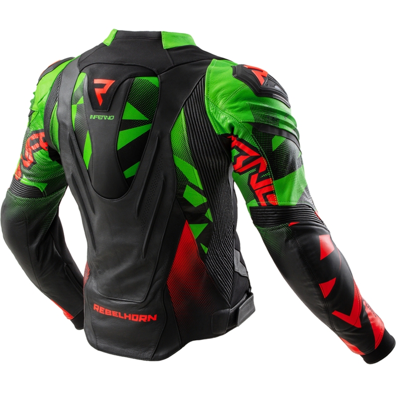 Geacă piele moto Rebelhorn Inferno negru-verde-roșu