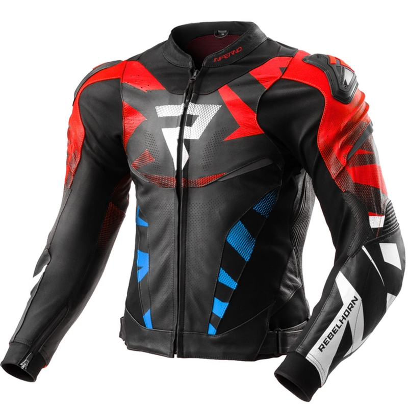 Geacă piele moto Rebelhorn Inferno negru-albastru-alb-roșu