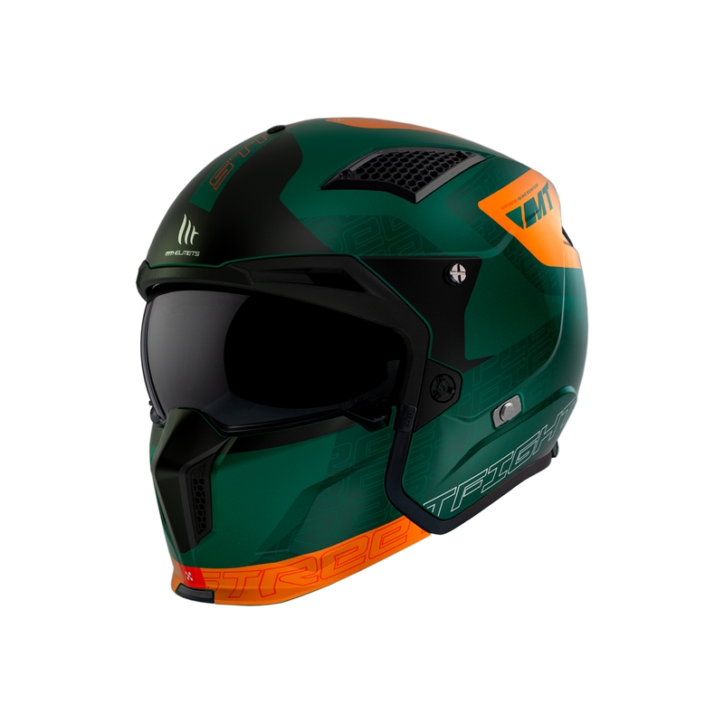 Casca deschisa cu masca MT Streetfighter SV Totem C6 negru-portocaliu-verde cu plexiglas iridiu