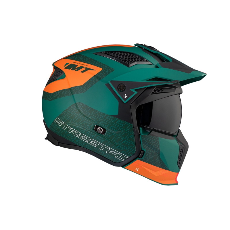 Casca deschisa cu masca MT Streetfighter SV Totem C6 negru-portocaliu-verde cu plexiglas iridiu