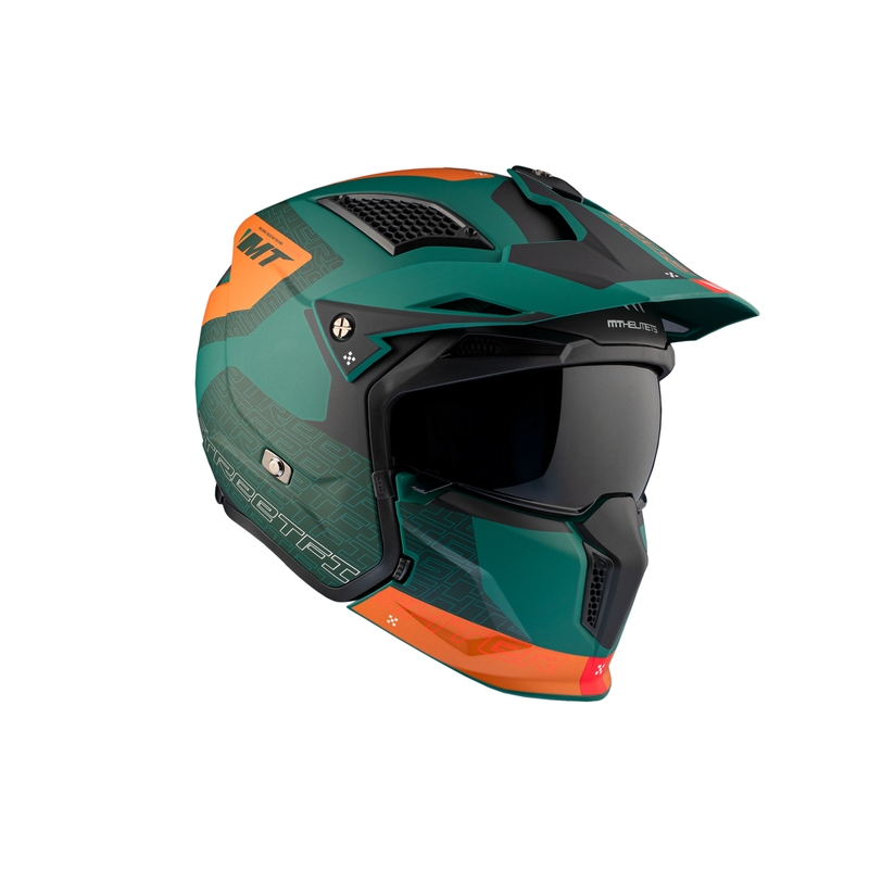 Casca deschisa cu masca MT Streetfighter SV Totem C6 negru-portocaliu-verde cu plexiglas iridiu