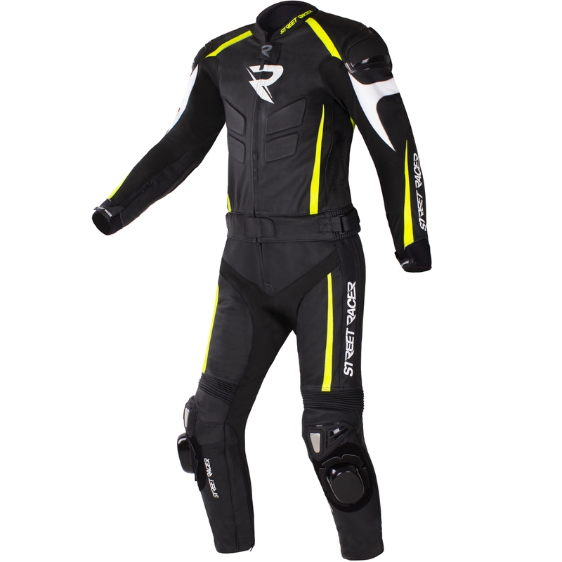 Costum de motocicletă din piele Street Racer Fast Track 2.1 Negru-Galben fluo-Alb