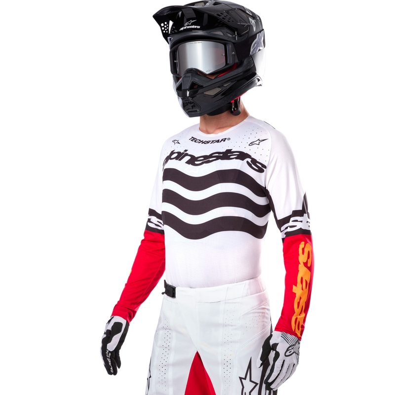 Tricou motocross Alpinestars Techstar ediție limitată Negru intens-alb-roșu fluo-portocaliu
