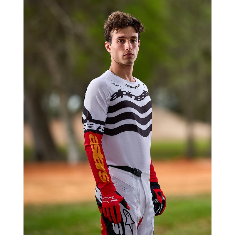 Pantaloni motocross Alpinestars Techstar ediție limitată Negru intens-alb-roșu fluo-portocaliu