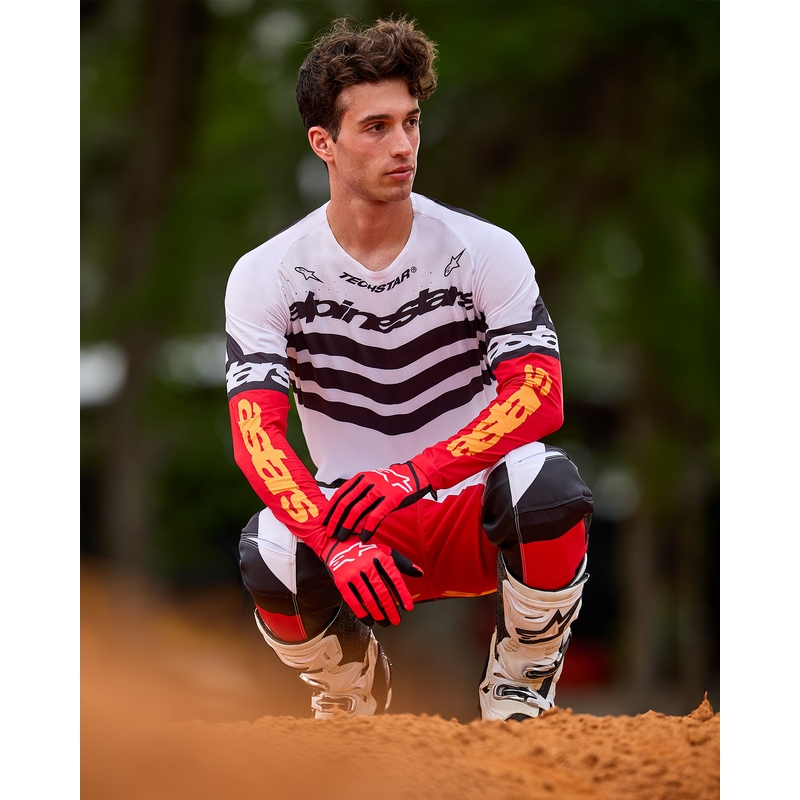 Pantaloni motocross Alpinestars Techstar ediție limitată Negru intens-alb-roșu fluo-portocaliu