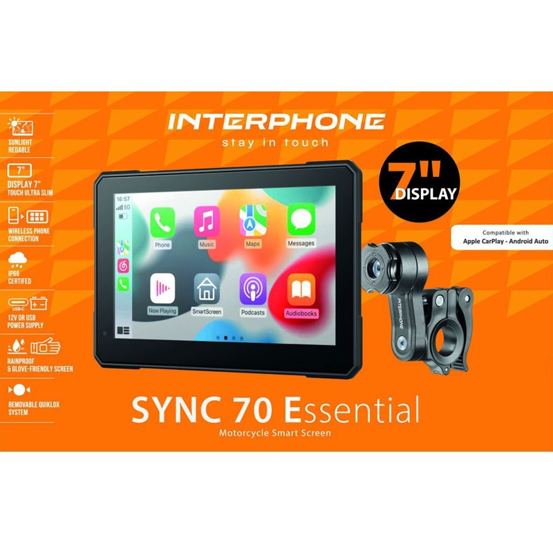 Interfon SYNC70 ESSENTIAL cu afișaj Apple CarPlay și Android Auto pentru motociclete