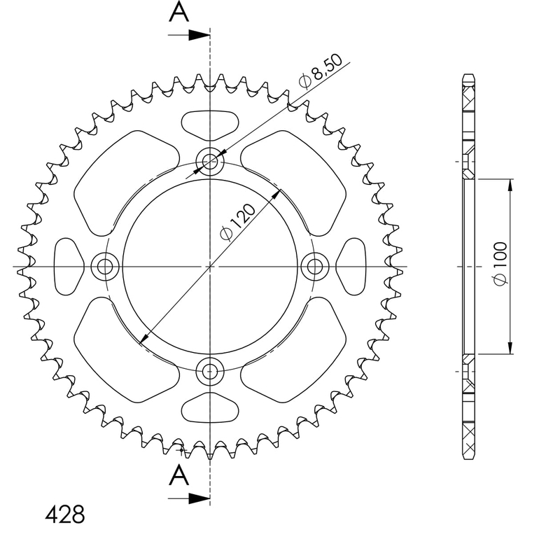 Rear ALU sprocket SUPERSPROX Negru 52T, 428