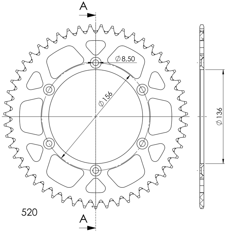 Rear ALU sprocket SUPERSPROX Rosu 51T, 520
